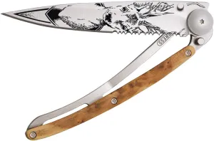 deejo - Serrated 1.3 OZ, Juniper Wood, Titanium, Deer - Half Serrated - Ultra-Light Pocket Folding Knife with a Belt Clip - Stainless Steel Z40C13