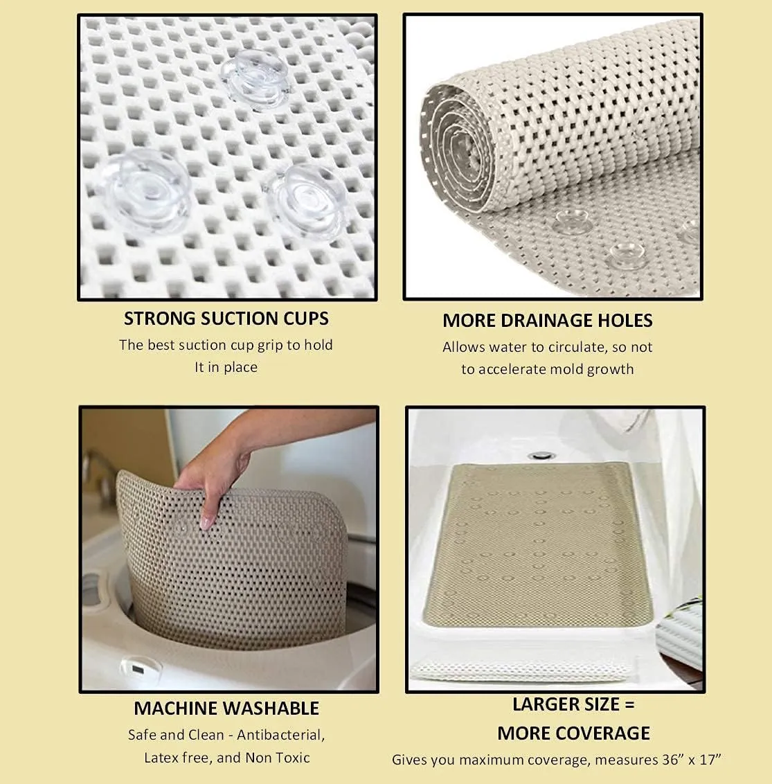 Deluxe Bathtub Mat Non Slip, Soft Foam Bath Mats for Bathroom Tub, Bathtub Mat with Drain Holes, Suction Cups- 36” X 17” - Grey
