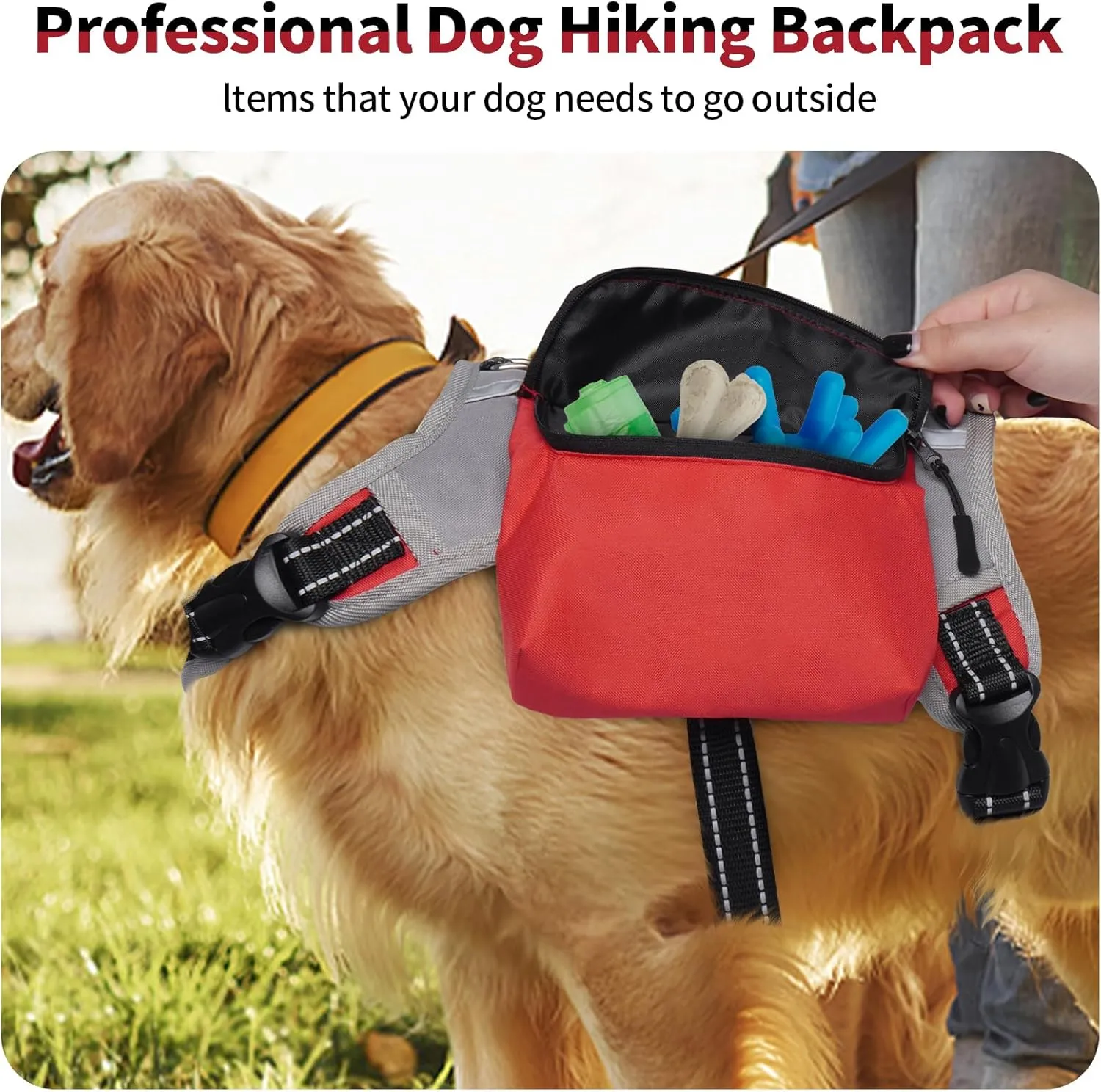 DENTRUN Dog Hiking Backpack, Hound Dog Saddlebag Backpack, Nylon Dog Harness Vest with Side Pockets Hiking Pack, Dog Backpack Hiking Walking Training Running for Medium & Large Dogs