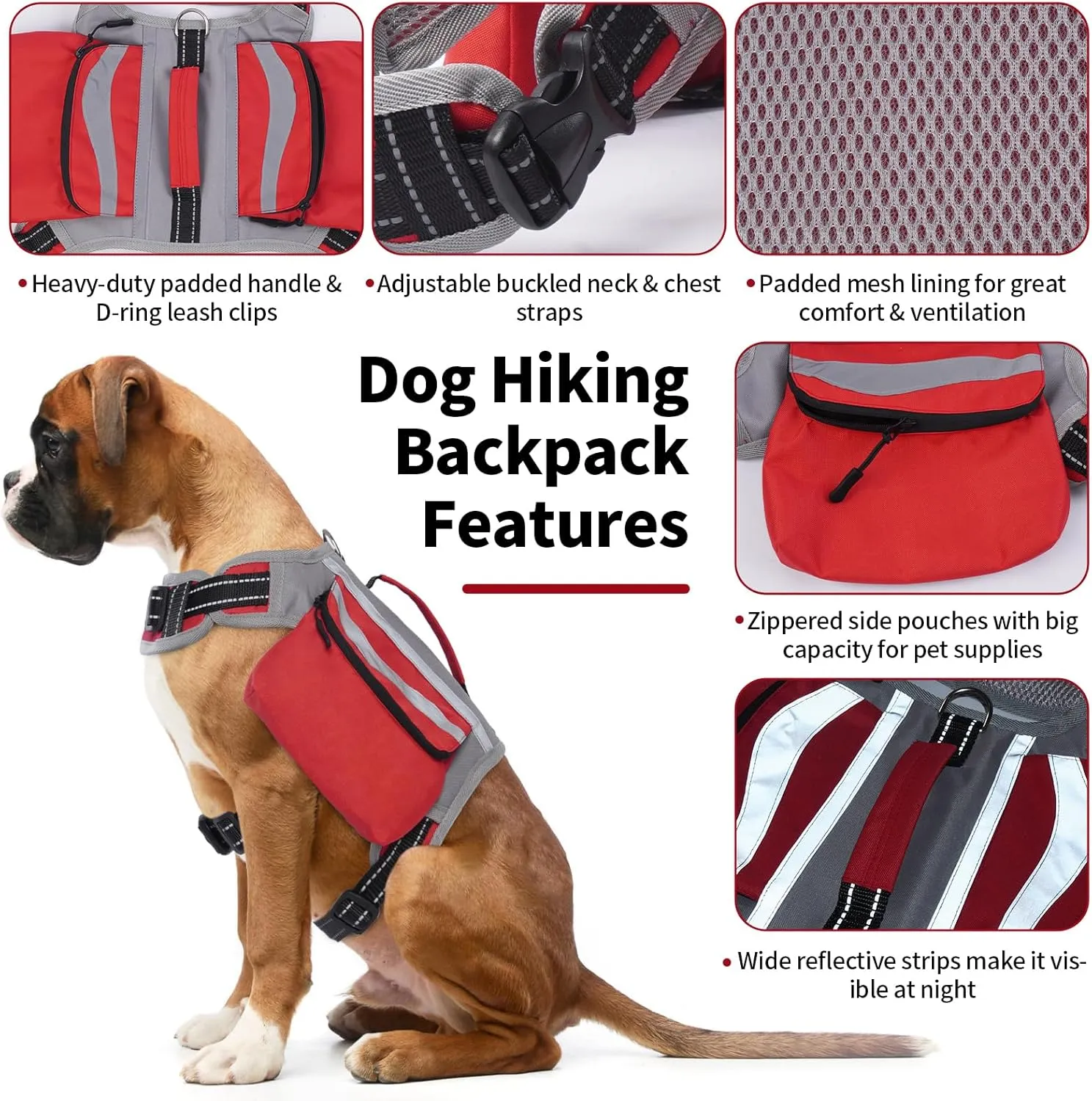 DENTRUN Dog Hiking Backpack, Hound Dog Saddlebag Backpack, Nylon Dog Harness Vest with Side Pockets Hiking Pack, Dog Backpack Hiking Walking Training Running for Medium & Large Dogs