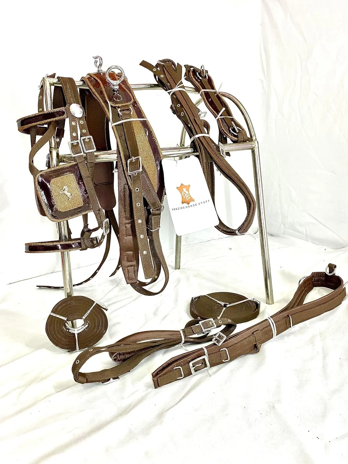Designer Patchwork | Nylon Horse Driving Harness with Brown Synthetic Patent on The Saddle and Bridle and Golden Horse Statue Studs on The blinkers | Brown Color | (Mini)