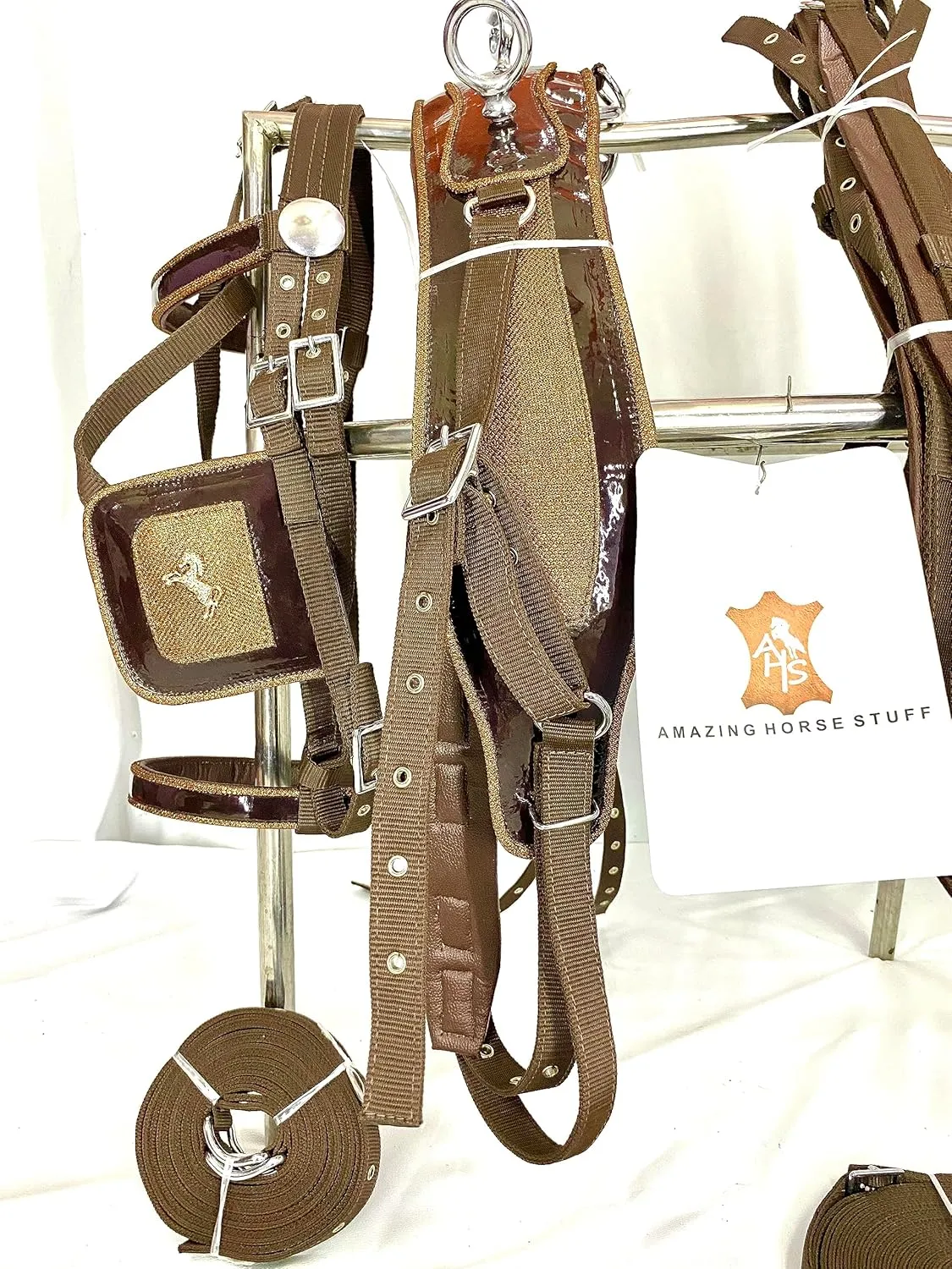 Designer Patchwork | Nylon Horse Driving Harness with Brown Synthetic Patent on The Saddle and Bridle and Golden Horse Statue Studs on The blinkers | Brown Color | (Mini)