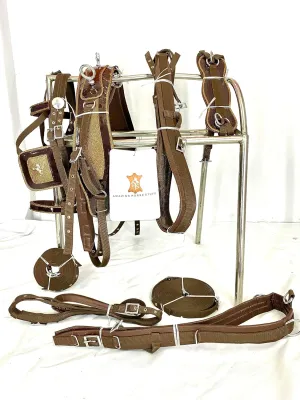Designer Patchwork | Nylon Horse Driving Harness with Brown Synthetic Patent on The Saddle and Bridle and Golden Horse Statue Studs on The blinkers | Brown Color | (Mini)