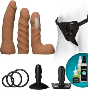 Doc Johnson Vac-U-Lock - Dual Density ULTRASKYN Starter Set - 3 Smaller Dildos, Supreme Harness, VUL Suction Cup, Toy Cleaner, Mood Water-Based Lube - for Adults Only, Caramel