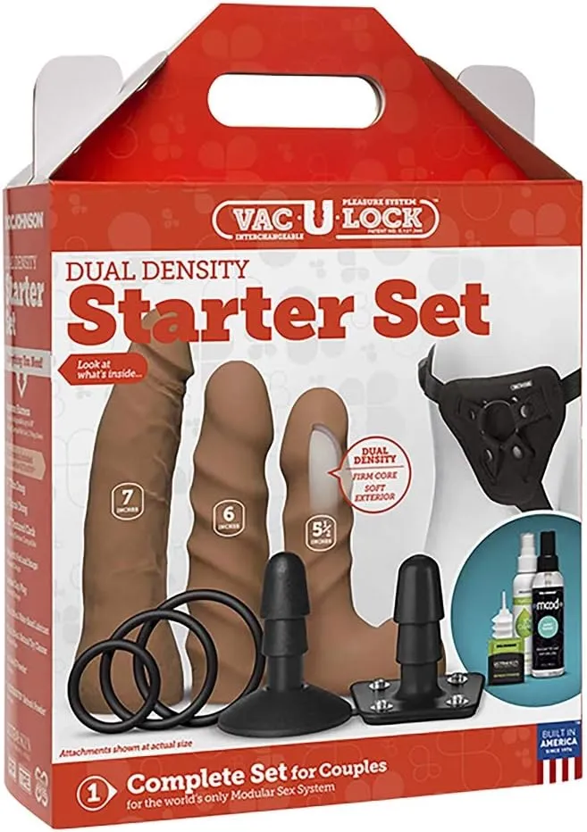 Doc Johnson Vac-U-Lock - Dual Density ULTRASKYN Starter Set - 3 Smaller Dildos, Supreme Harness, VUL Suction Cup, Toy Cleaner, Mood Water-Based Lube - for Adults Only, Caramel
