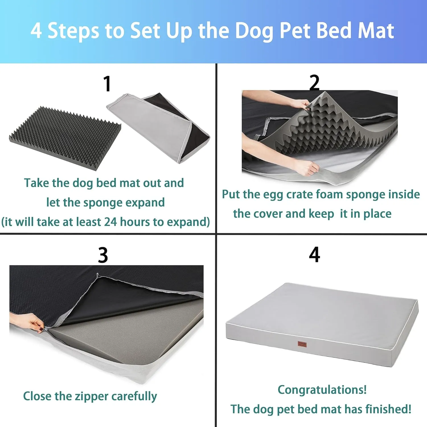 Dog Bed Mats for Large Big Dogs - Orthopedic Dog Pet Bed Thick Egg Foam Crate, Removable Washable Cover, Non-Slip Bottom Durable Dog Crate Bed Mat (Light Grey, XXXL(54''x42''x4''))