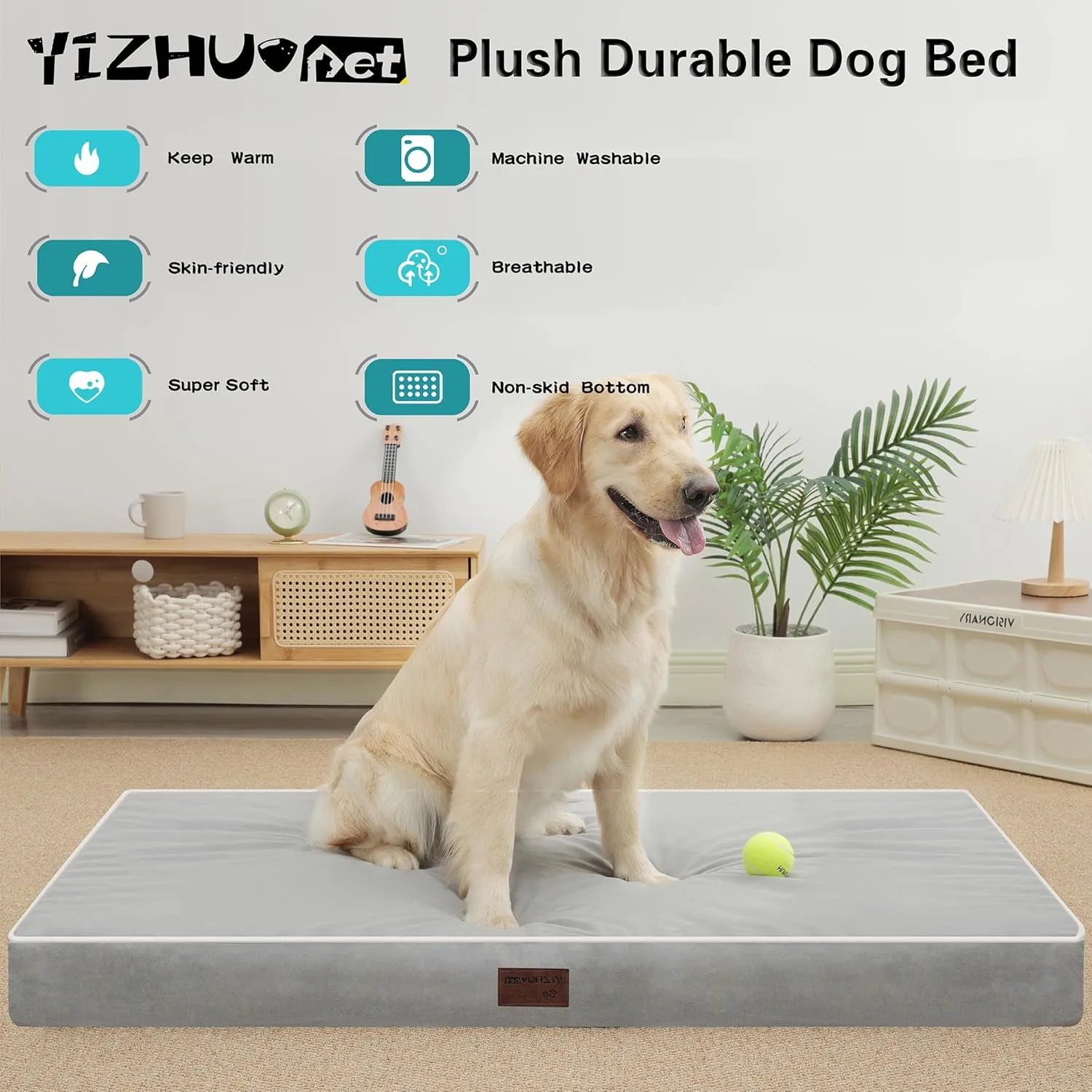 Dog Bed Mats for Large Big Dogs - Orthopedic Dog Pet Bed Thick Egg Foam Crate, Removable Washable Cover, Non-Slip Bottom Durable Dog Crate Bed Mat (Light Grey, XXXL(54''x42''x4''))