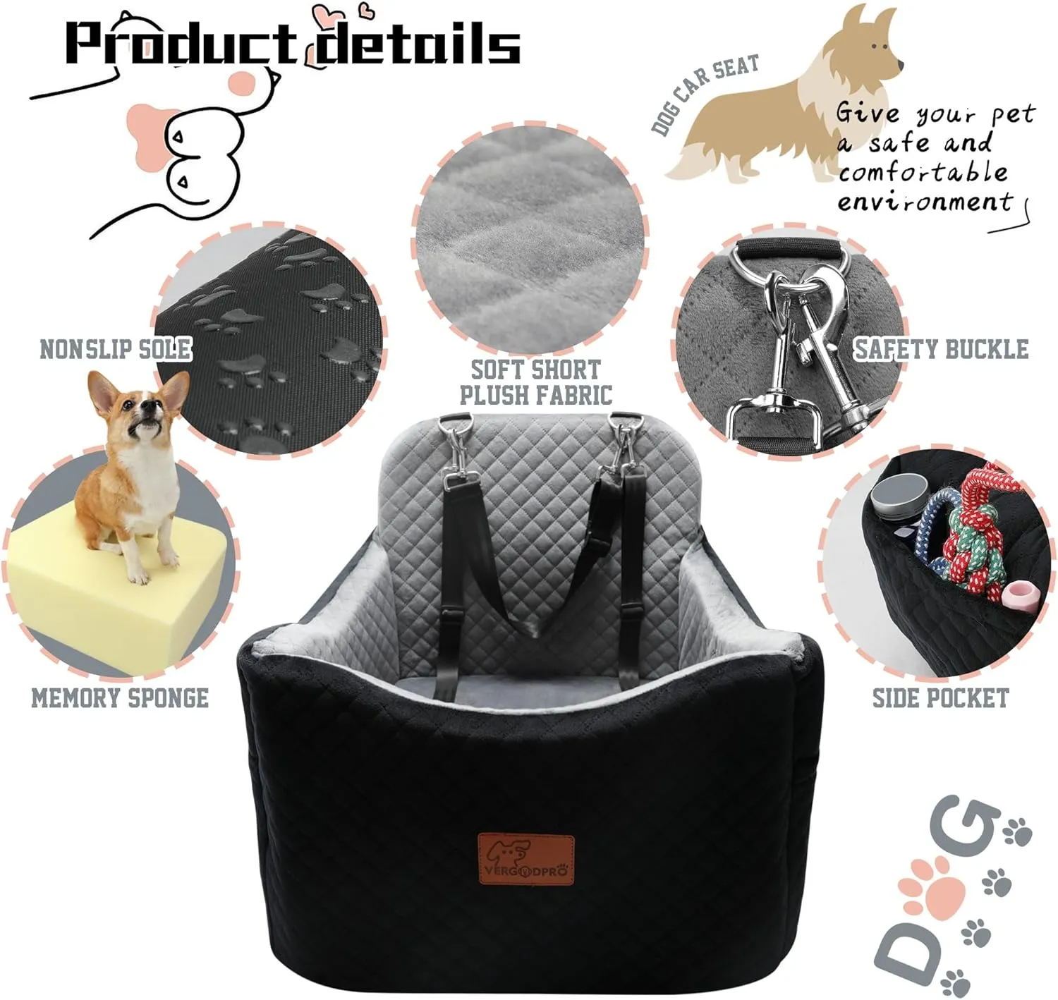Dog Car Seat for Small/Medium Dogs,Pet Booster Seat with Harness,Memory Foam and Velvet,Safety Comfy Car Travel Pets Carrier,Interior Elevate,Washable and Detachable,Storage Pocket.(H-Black/Brown)