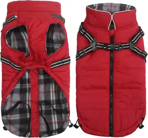 Dog Coat With Harness - Waterproof Cotton Padded Jacket for Puppy Small Medium Breeds - Halloween Christmas - Red - Large