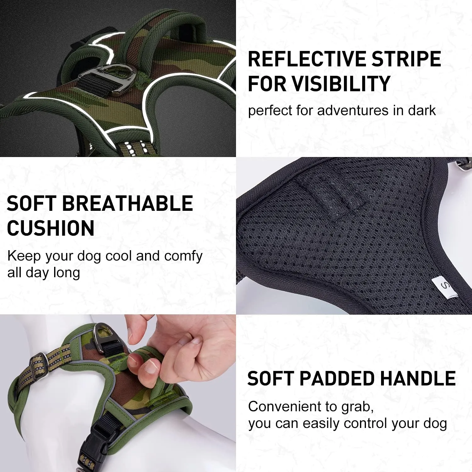 Dog Harness for Large Dogs No Pull Dog Harness with Handle 2 Metal Leash Clips, Adjustable Reflective Puppy Harness, Breathable Camo Oxford Padded Vest Easy Control Front Clip for Medium Large Dogs