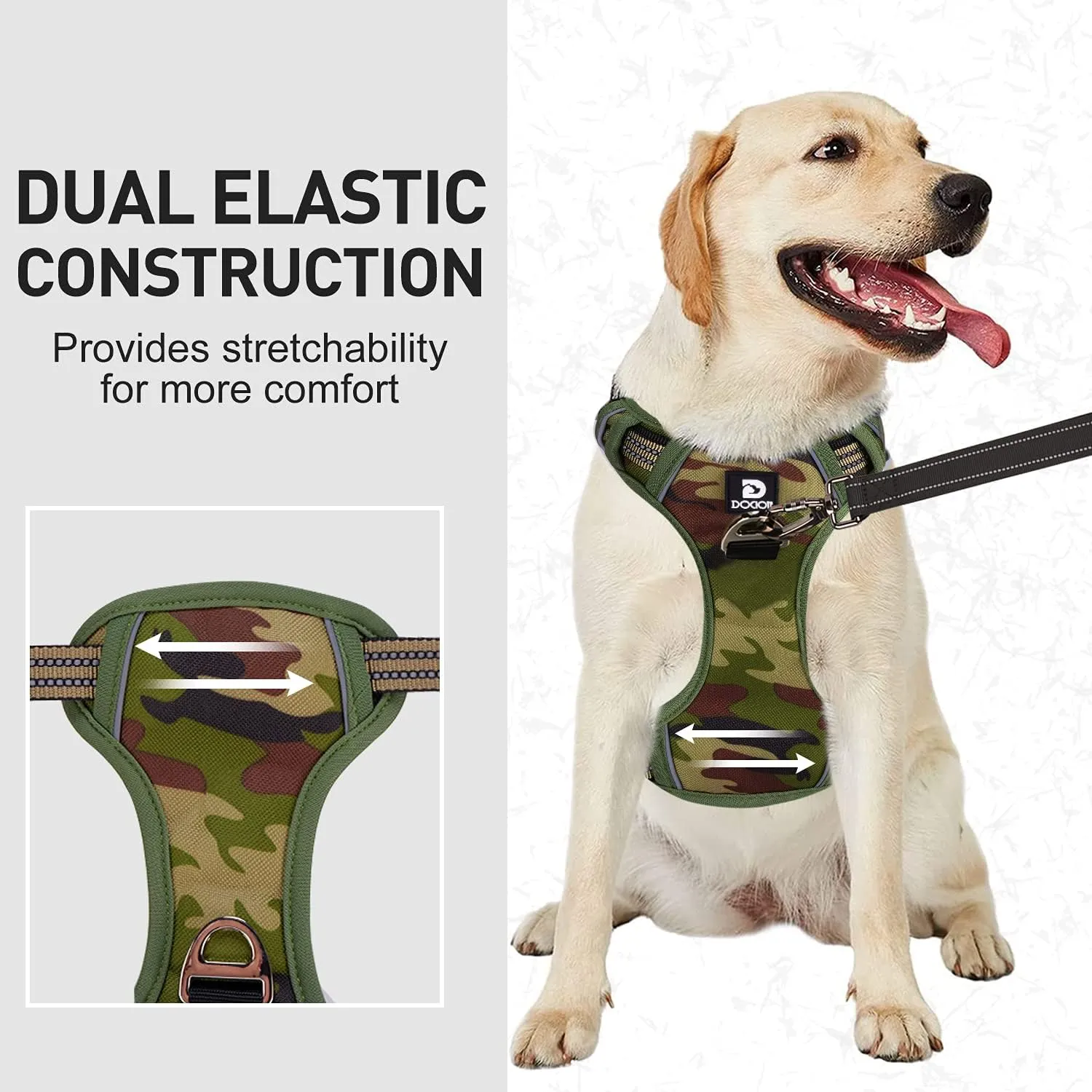 Dog Harness for Large Dogs No Pull Dog Harness with Handle 2 Metal Leash Clips, Adjustable Reflective Puppy Harness, Breathable Camo Oxford Padded Vest Easy Control Front Clip for Medium Large Dogs