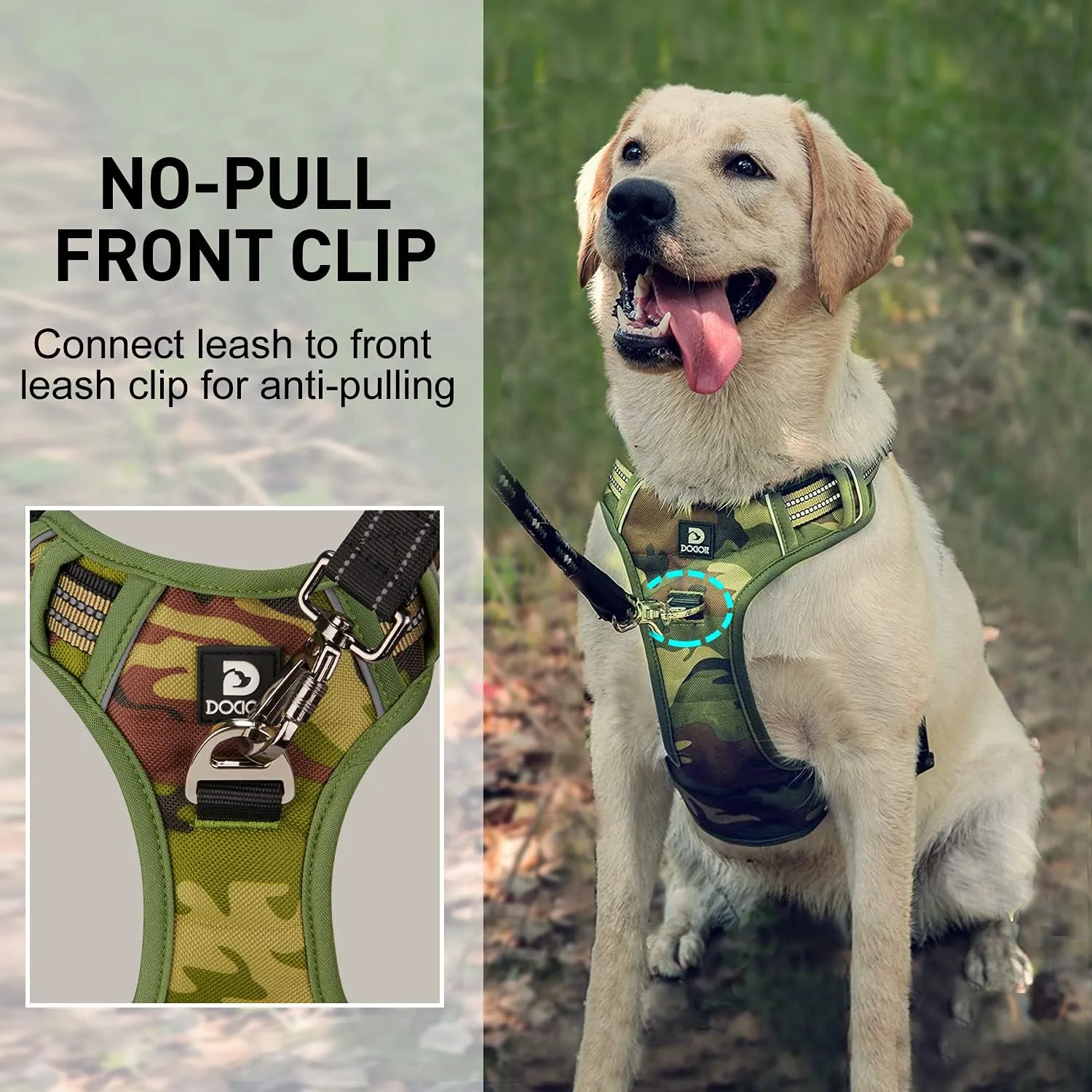 Dog Harness for Large Dogs No Pull Dog Harness with Handle 2 Metal Leash Clips, Adjustable Reflective Puppy Harness, Breathable Camo Oxford Padded Vest Easy Control Front Clip for Medium Large Dogs