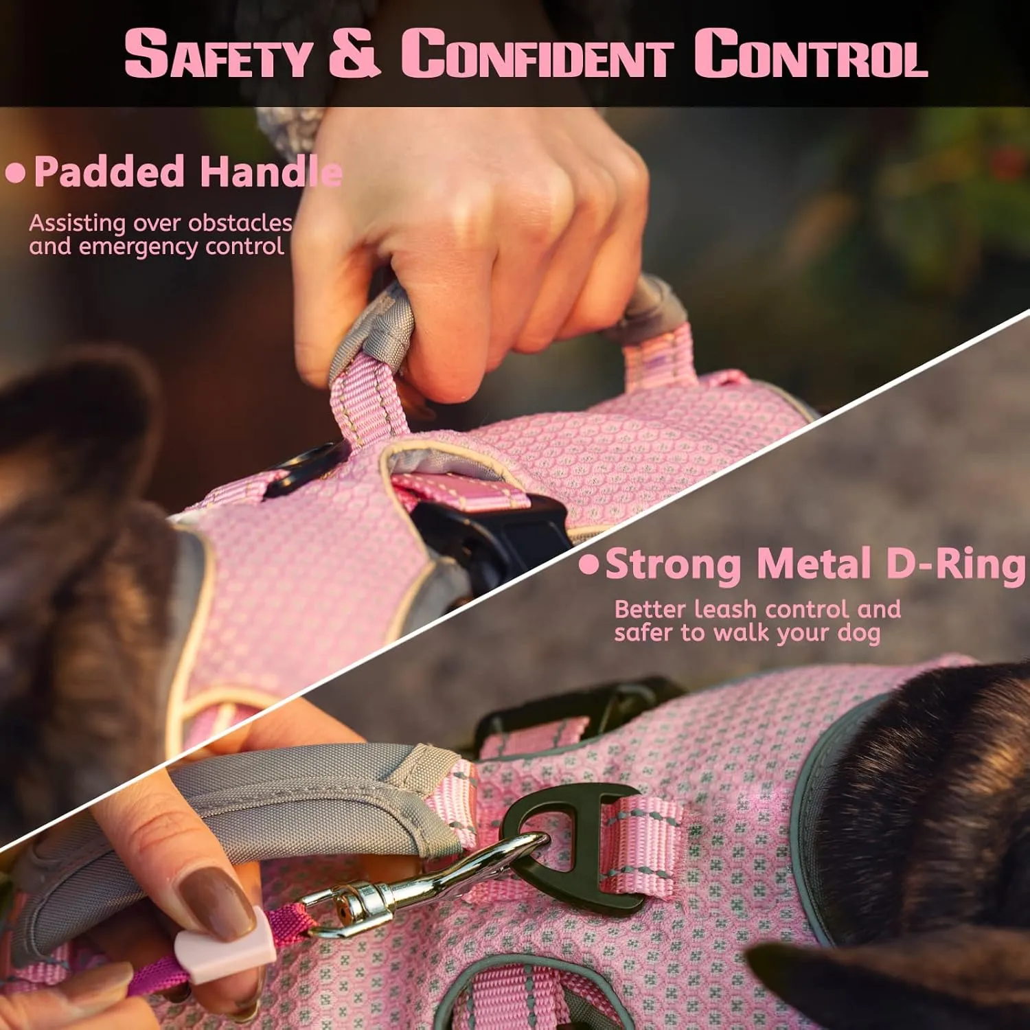 Dog Harnesses Escape Proof, Escape Artist Harness, Fully Reflective Harness with Padded Handle, Breathable,Durable, Adjustable Vest for Large Dogs Walking, Training, and Running Gear Pink (Large)