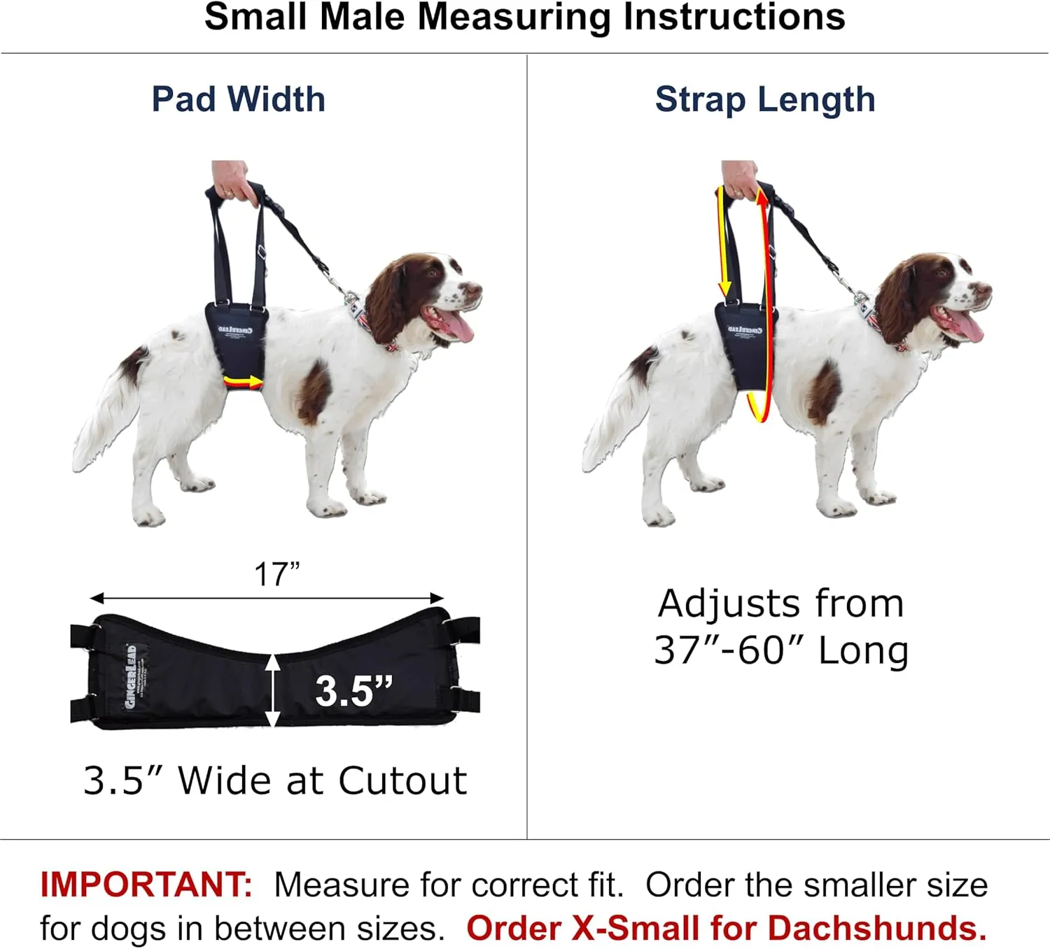 Dog Sling Hip Support Harness, SM Male fits Small to Medium Size Pets 20-65 lbs. (Male Dachshunds use X-Small Size) or Larger Barrel Chested Dogs Like Boxers or Bullies. Made in U.S.A.