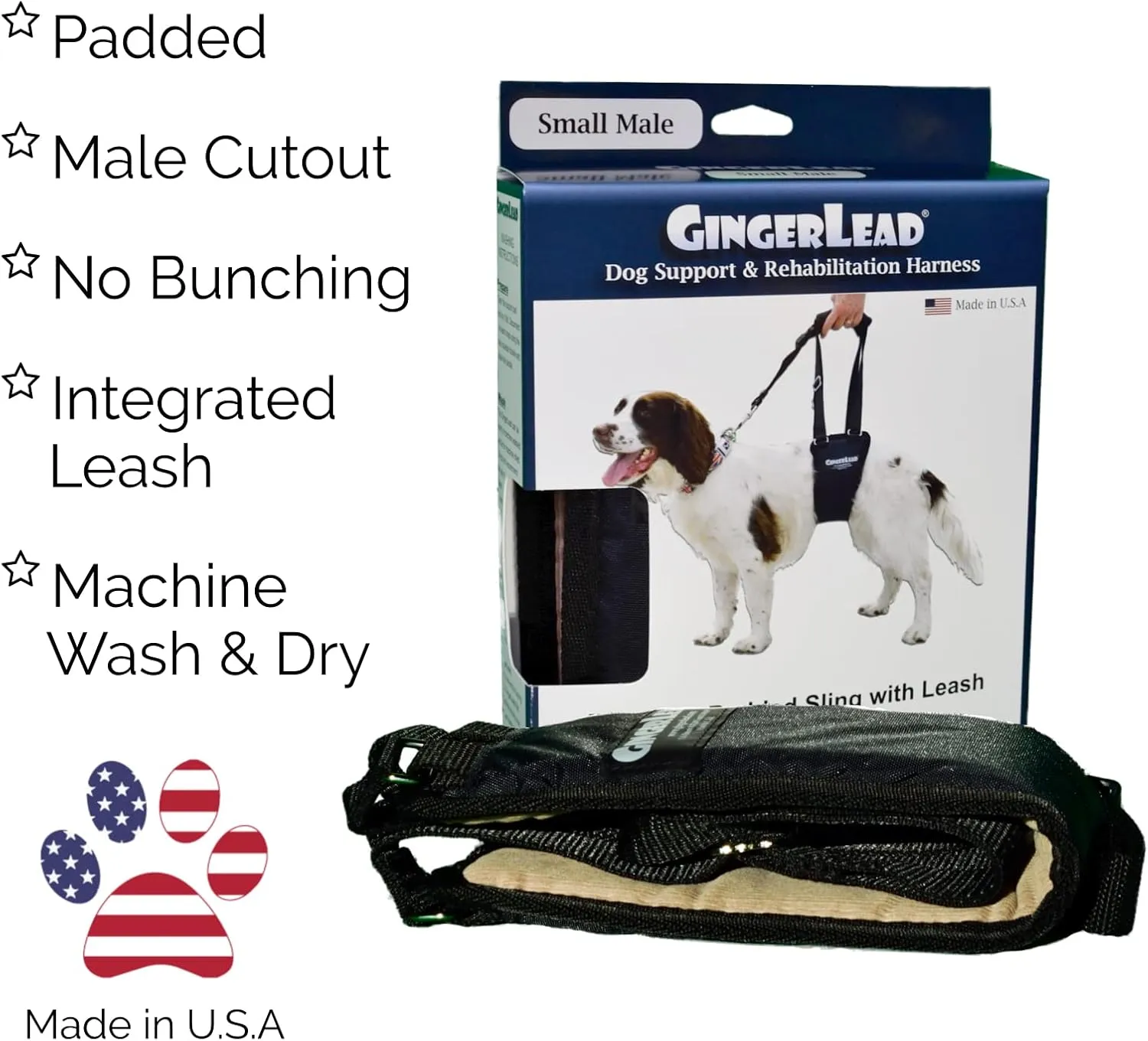 Dog Sling Hip Support Harness, SM Male fits Small to Medium Size Pets 20-65 lbs. (Male Dachshunds use X-Small Size) or Larger Barrel Chested Dogs Like Boxers or Bullies. Made in U.S.A.