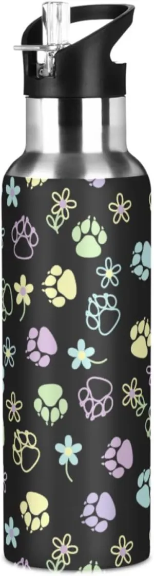 Dog Water Bottle with Straw Lid Double Wall Paw Flowers Thermos Bottle Vacuum Insulated Flask Stainless Steel Water Bottle for Gym Outdoor 20 OZ