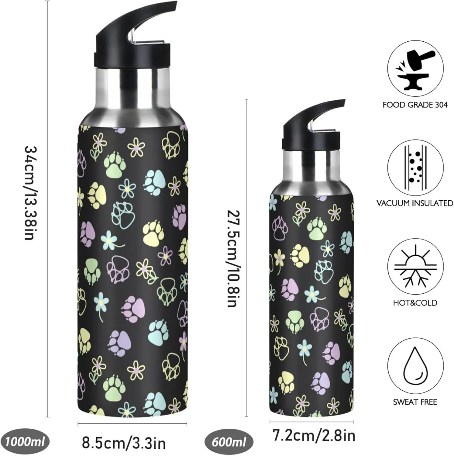 Dog Water Bottle with Straw Lid Double Wall Paw Flowers Thermos Bottle Vacuum Insulated Flask Stainless Steel Water Bottle for Gym Outdoor 20 OZ