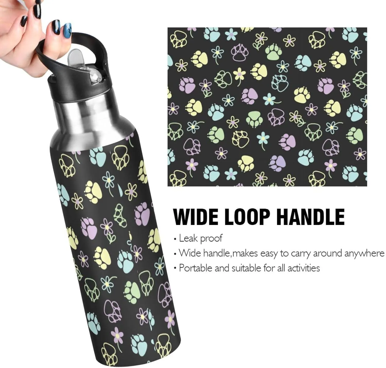 Dog Water Bottle with Straw Lid Double Wall Paw Flowers Thermos Bottle Vacuum Insulated Flask Stainless Steel Water Bottle for Gym Outdoor 20 OZ