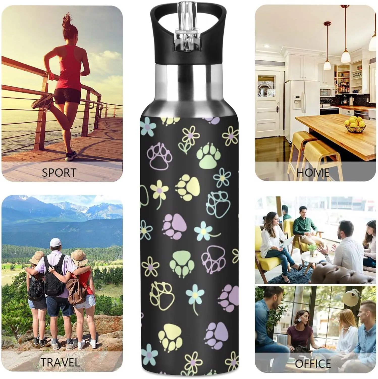 Dog Water Bottle with Straw Lid Double Wall Paw Flowers Thermos Bottle Vacuum Insulated Flask Stainless Steel Water Bottle for Gym Outdoor 20 OZ