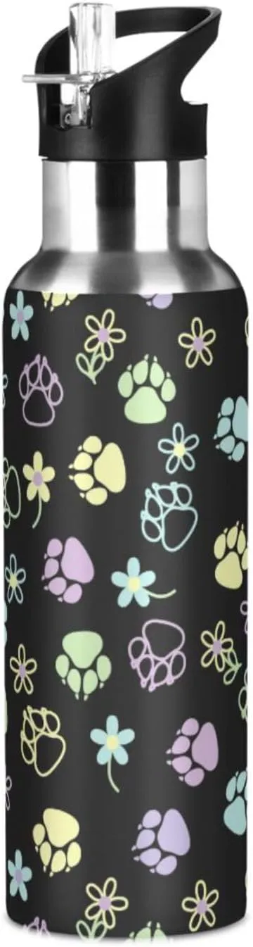 Dog Water Bottle with Straw Lid Double Wall Paw Flowers Thermos Bottle Vacuum Insulated Flask Stainless Steel Water Bottle for Gym Outdoor 20 OZ