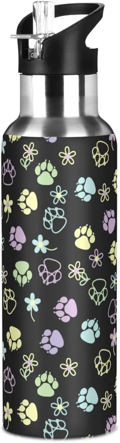 Dog Water Bottle with Straw Lid Double Wall Paw Flowers Thermos Bottle Vacuum Insulated Flask Stainless Steel Water Bottle for Gym Outdoor 20 OZ