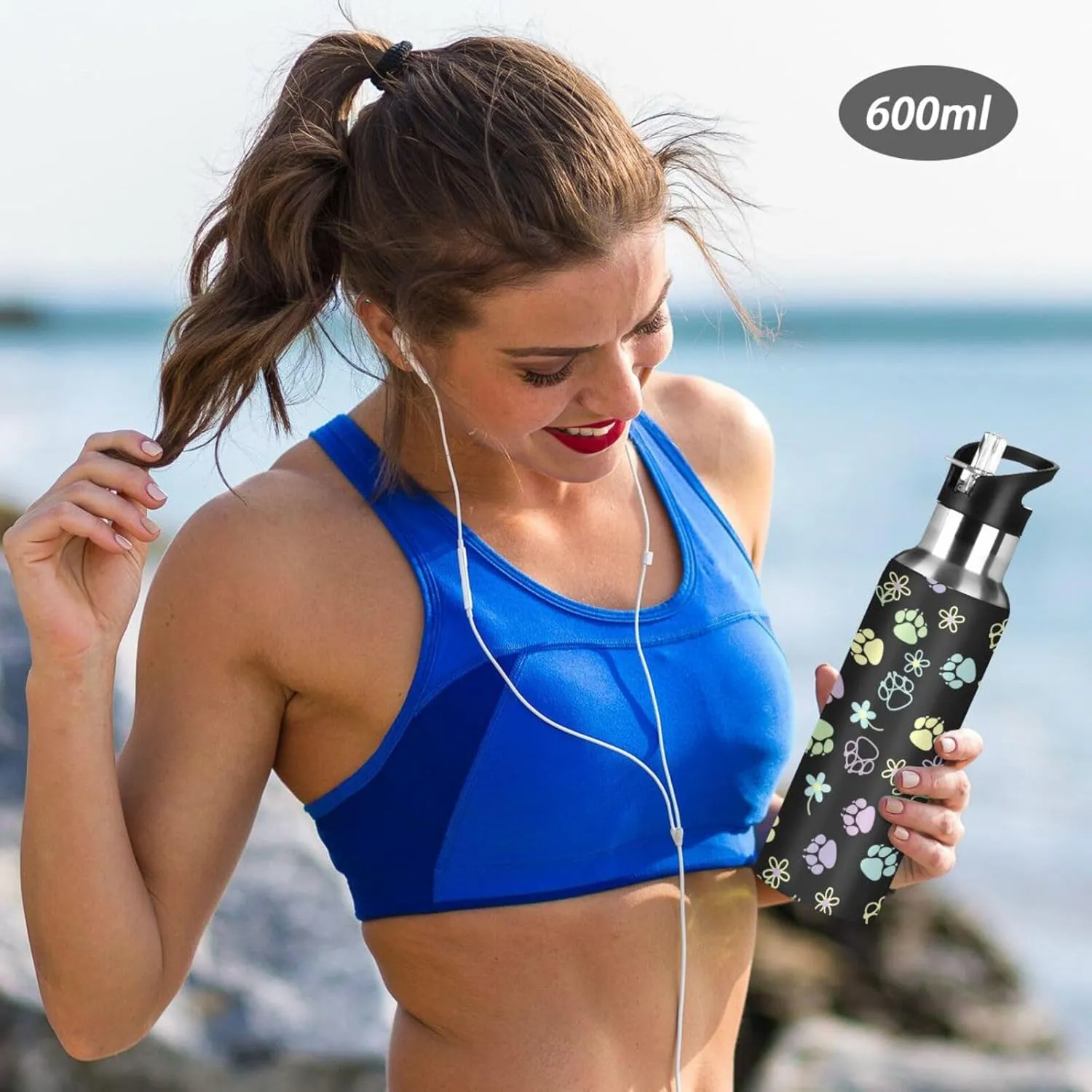 Dog Water Bottle with Straw Lid Double Wall Paw Flowers Thermos Bottle Vacuum Insulated Flask Stainless Steel Water Bottle for Gym Outdoor 20 OZ