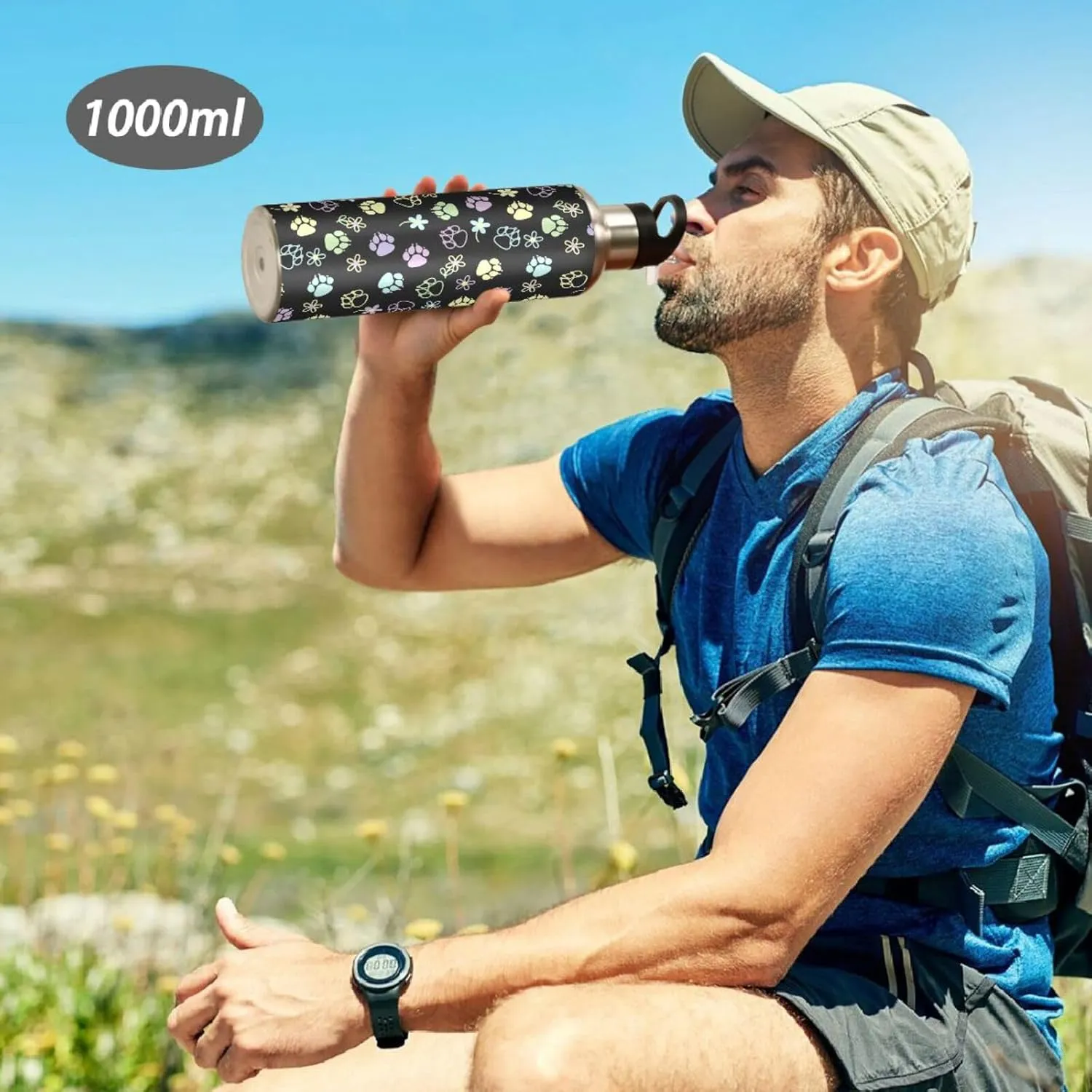 Dog Water Bottle with Straw Lid Double Wall Paw Flowers Thermos Bottle Vacuum Insulated Flask Stainless Steel Water Bottle for Gym Outdoor 20 OZ