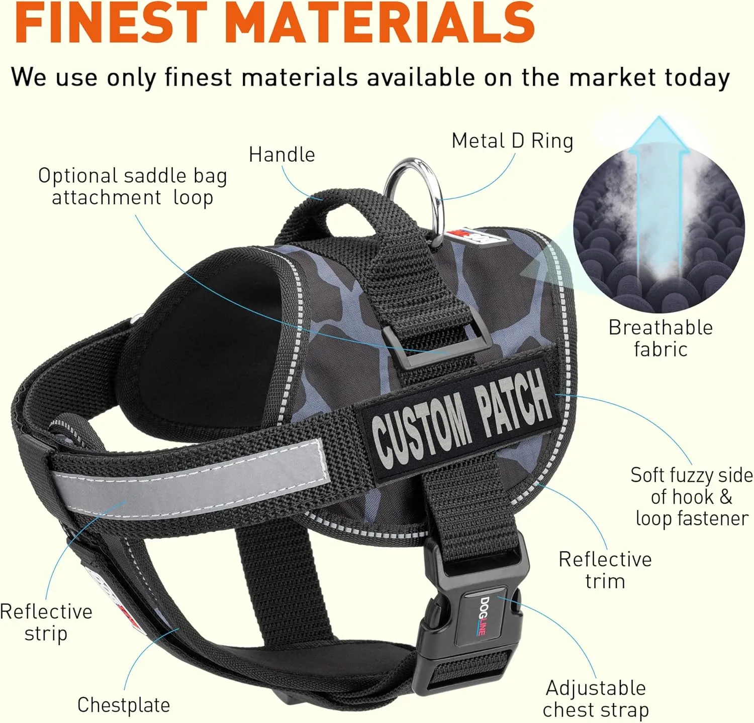 Dogline Unimax Dog Harness Vest with Custom Patches Reflective No-Pull, Adjustable Straps, Breathable Neoprene for Medical, Service, Identification and Training Dogs Girth 15 to 19" Giraffe Gray