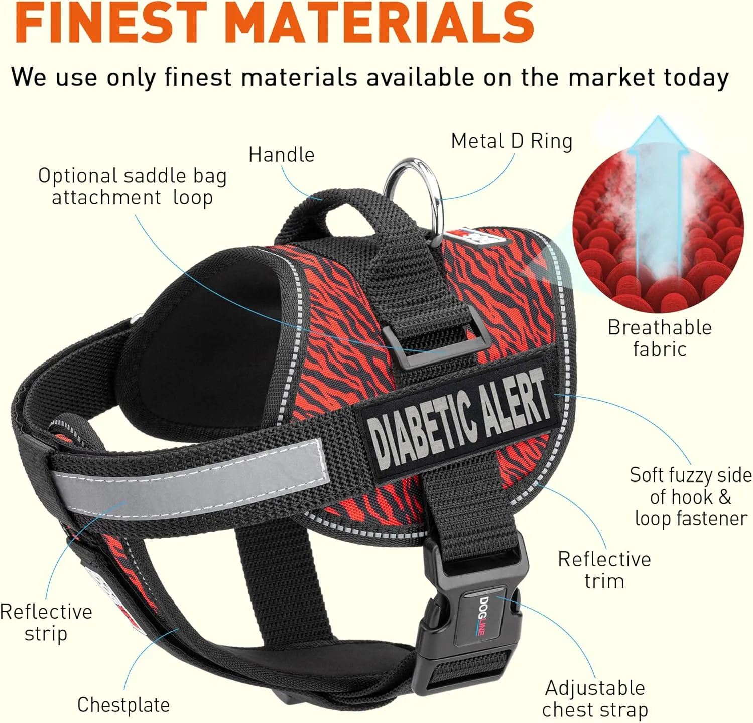 Dogline Unimax Dog Harness Vest with Diabetic Alert Patches Reflective No-Pull, Adjustable Straps, Breathable Neoprene for Medical, Service, Identification and Training Dogs Girth 28 to 38" Zebra Red