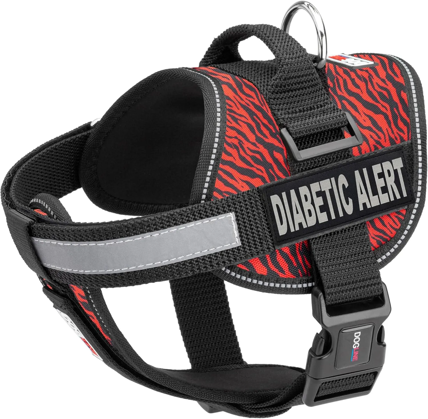 Dogline Unimax Dog Harness Vest with Diabetic Alert Patches Reflective No-Pull, Adjustable Straps, Breathable Neoprene for Medical, Service, Identification and Training Dogs Girth 28 to 38" Zebra Red