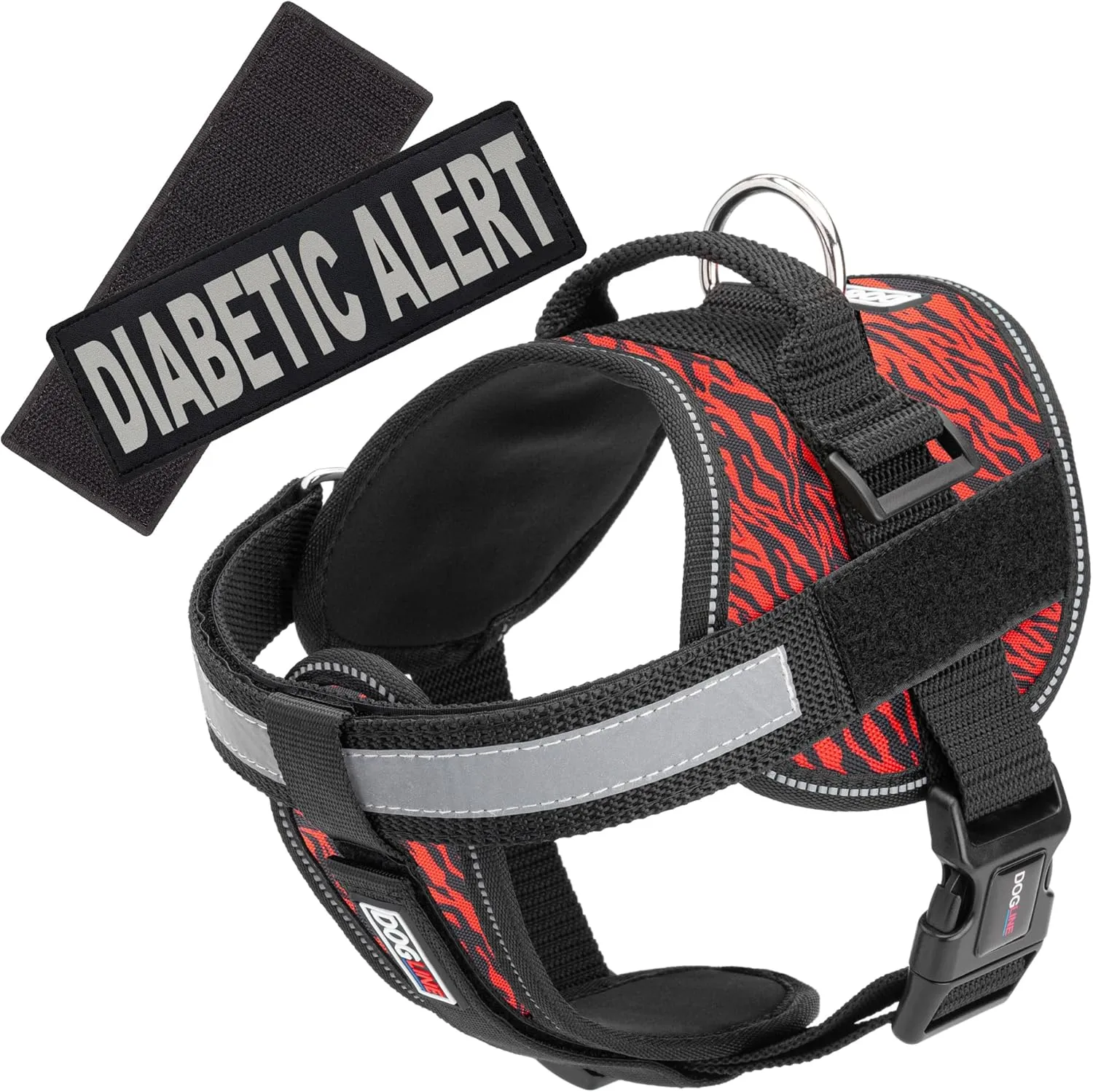 Dogline Unimax Dog Harness Vest with Diabetic Alert Patches Reflective No-Pull, Adjustable Straps, Breathable Neoprene for Medical, Service, Identification and Training Dogs Girth 28 to 38" Zebra Red