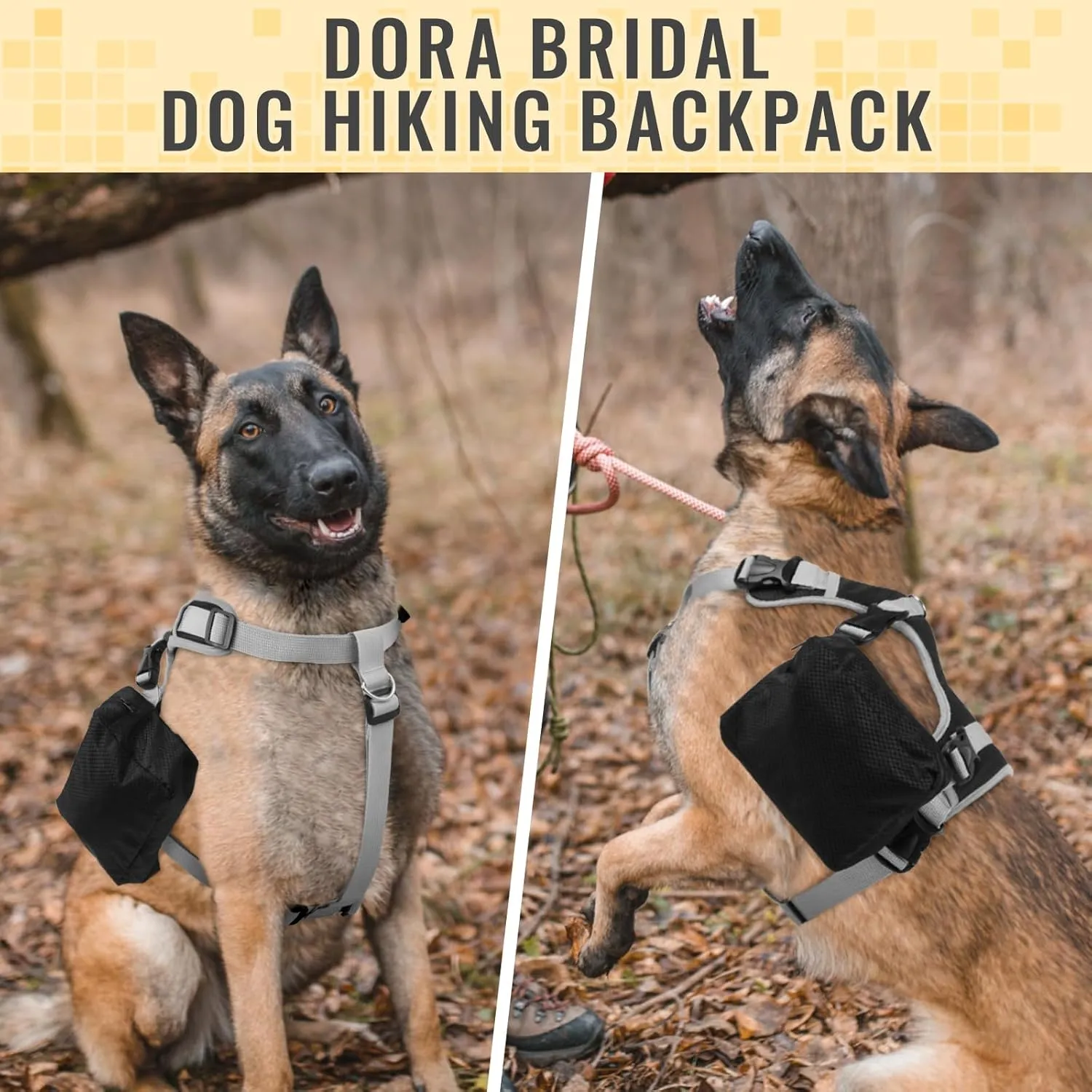 DORA BRIDAL Dog Backpack for Medium & Large Dogs, Dog Backpack Harness, Dogs Hiking Backpack with Side Pockets, Outdoors Pet Saddle for German Shepherd, Labrador (Black, Medium)
