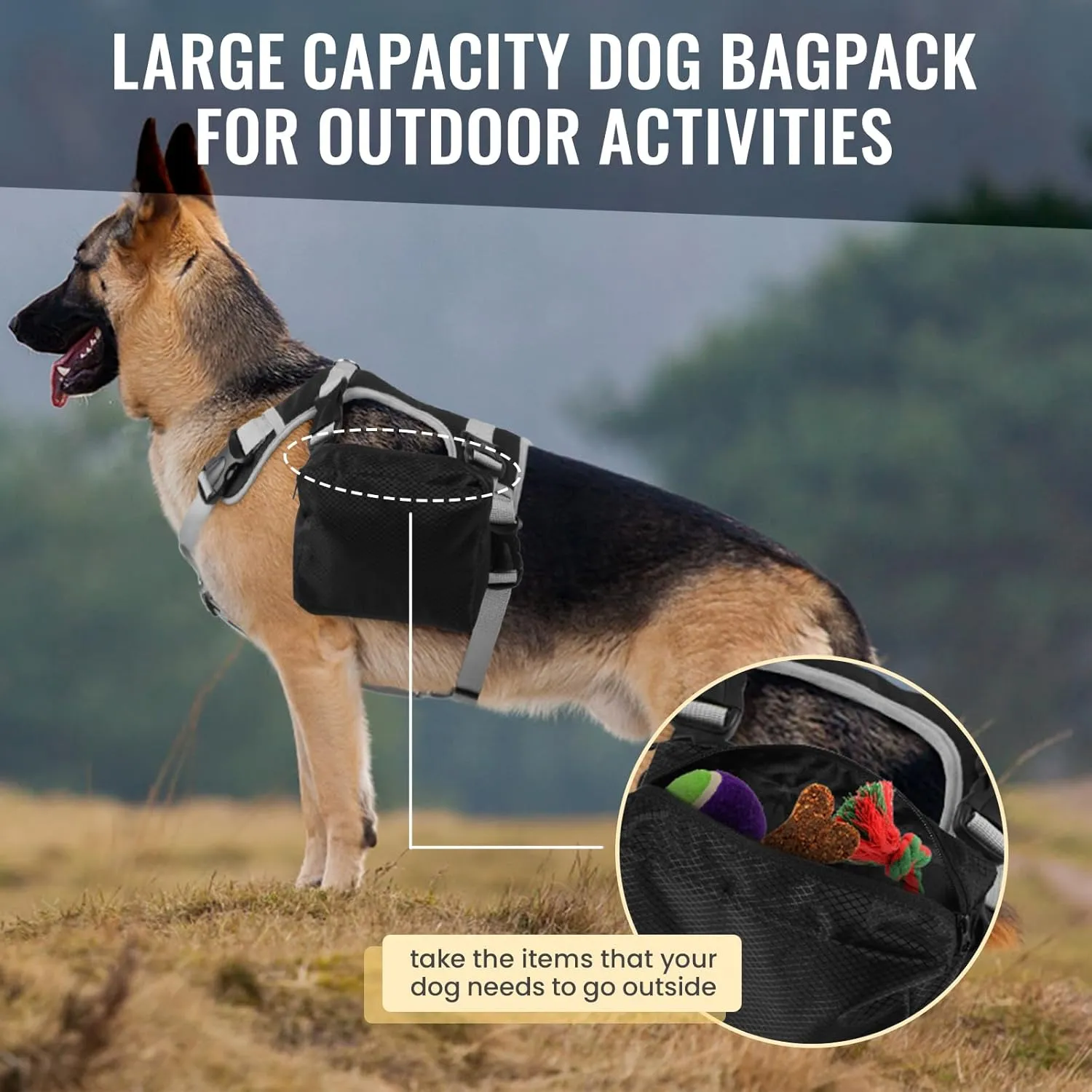 DORA BRIDAL Dog Backpack for Medium & Large Dogs, Dog Backpack Harness, Dogs Hiking Backpack with Side Pockets, Outdoors Pet Saddle for German Shepherd, Labrador (Black, Medium)