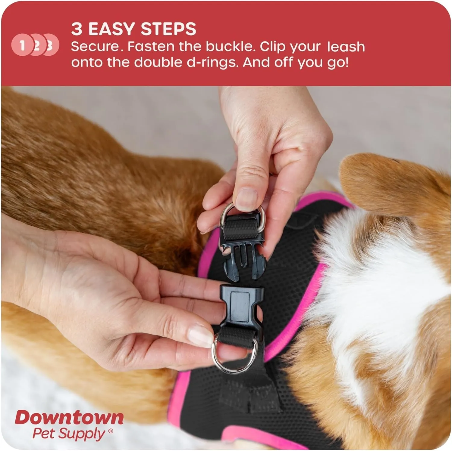 Downtown Pet Supply Step in Dog Harness for Small Dogs No Pull, Large, Black w/Pink Trim - Adjustable Harness with Padded Mesh Fabric and Reflective Trim - Buckle Strap Harness for Dogs