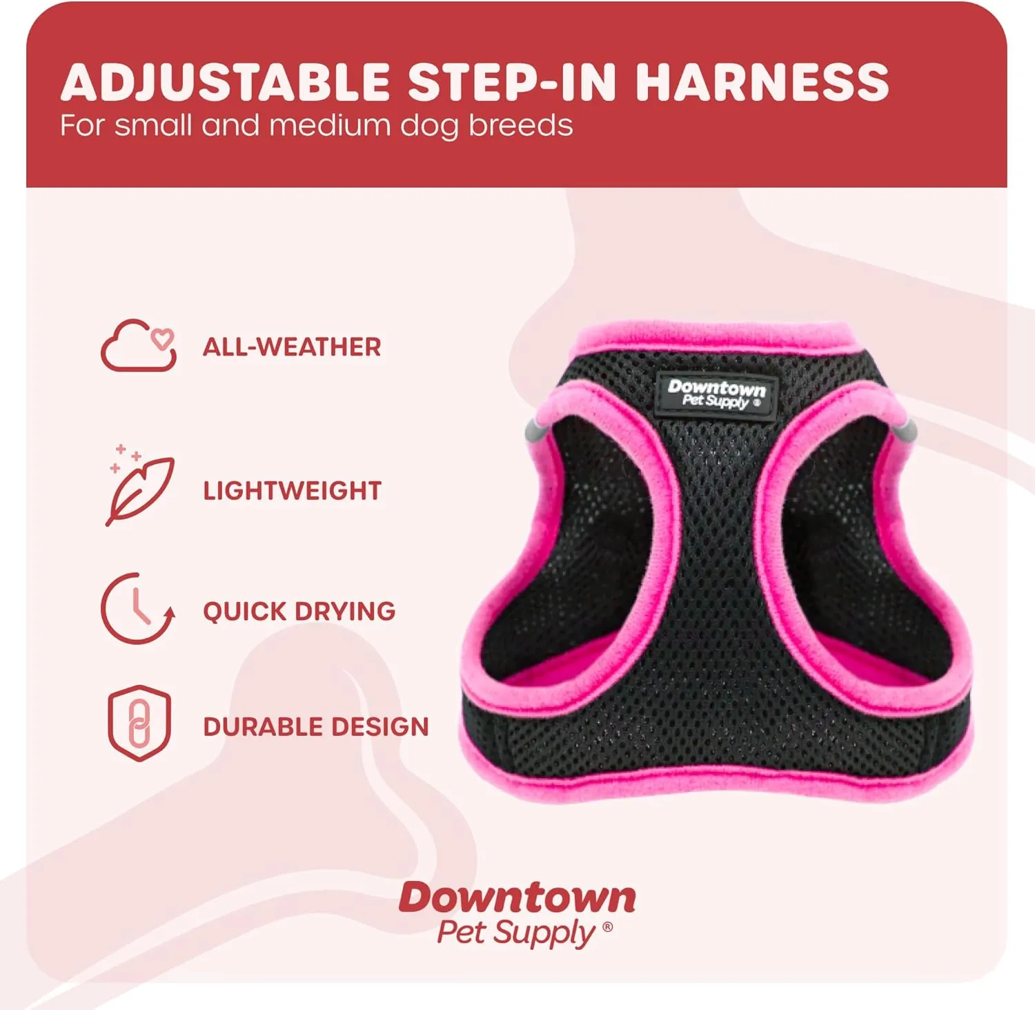 Downtown Pet Supply Step in Dog Harness for Small Dogs No Pull, Large, Black w/Pink Trim - Adjustable Harness with Padded Mesh Fabric and Reflective Trim - Buckle Strap Harness for Dogs