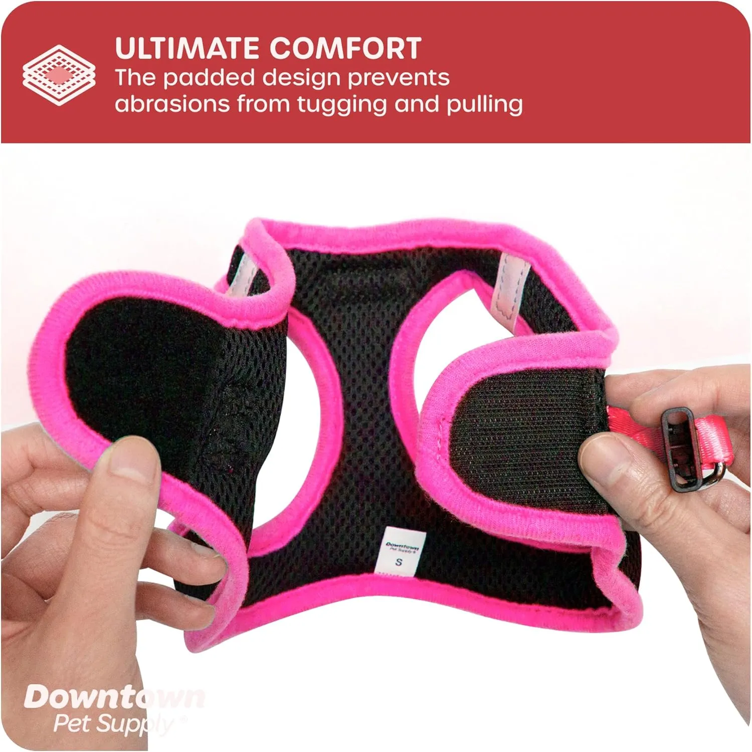 Downtown Pet Supply Step in Dog Harness for Small Dogs No Pull, Large, Black w/Pink Trim - Adjustable Harness with Padded Mesh Fabric and Reflective Trim - Buckle Strap Harness for Dogs
