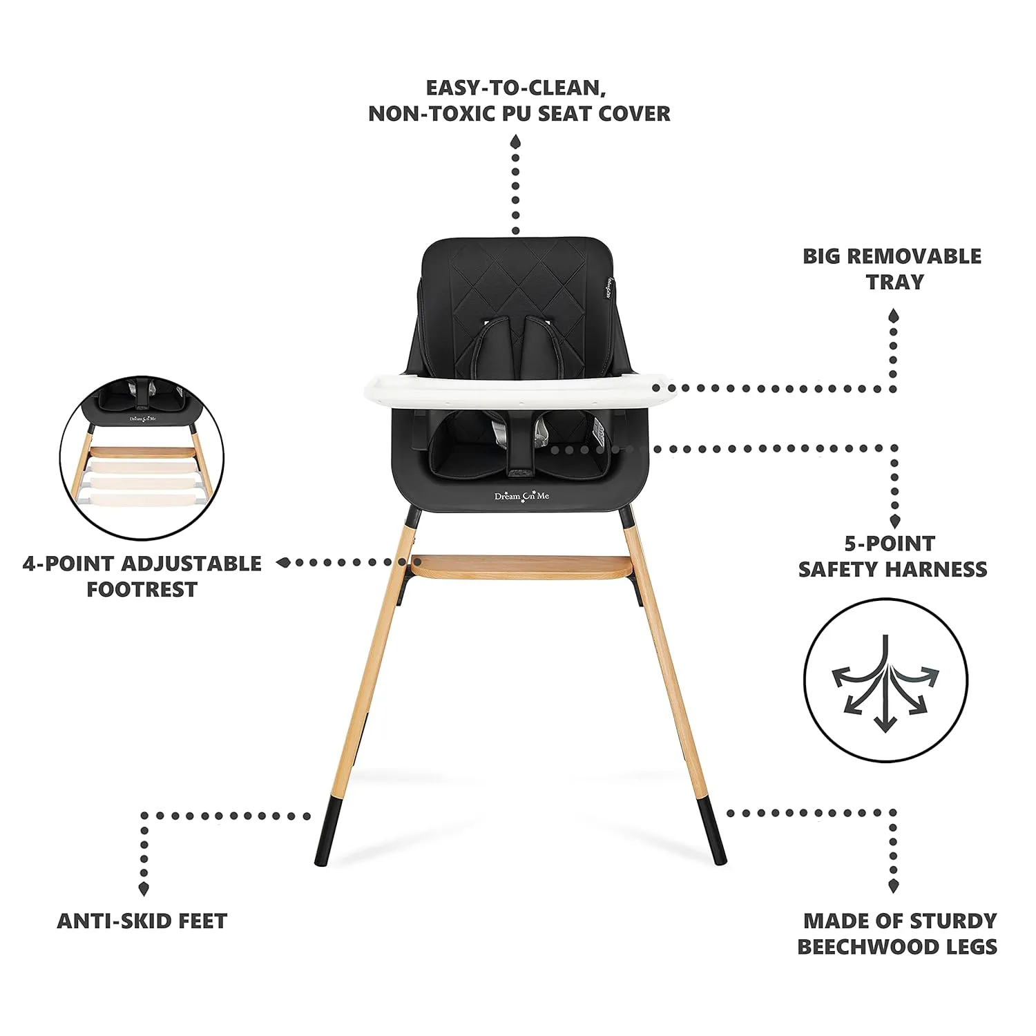 Dream On Me Nibble Wooden Compact High Chair in Black | Light Weight | Portable |Removable seat Cover I Adjustable Tray I Baby and Toddler