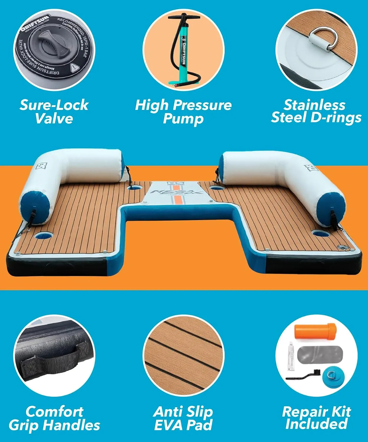 Driftsun Inflatable Floating Dock Platform - Mesa Dock Floats, Floating Docks for Lakes & Boats, Inflatable Island, Swim Platform Quick Inflation, Floating Mats for The Water
