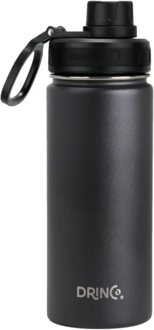DRINCO Stainless Steel Water Bottle Spout Lid Vacuum Insulated Double Wall Water Bottle Wide Mouth (40oz 32oz 22oz 18oz 14oz) Leak Proof Keeps Cold or Hot (18 oz, 18oz Black)