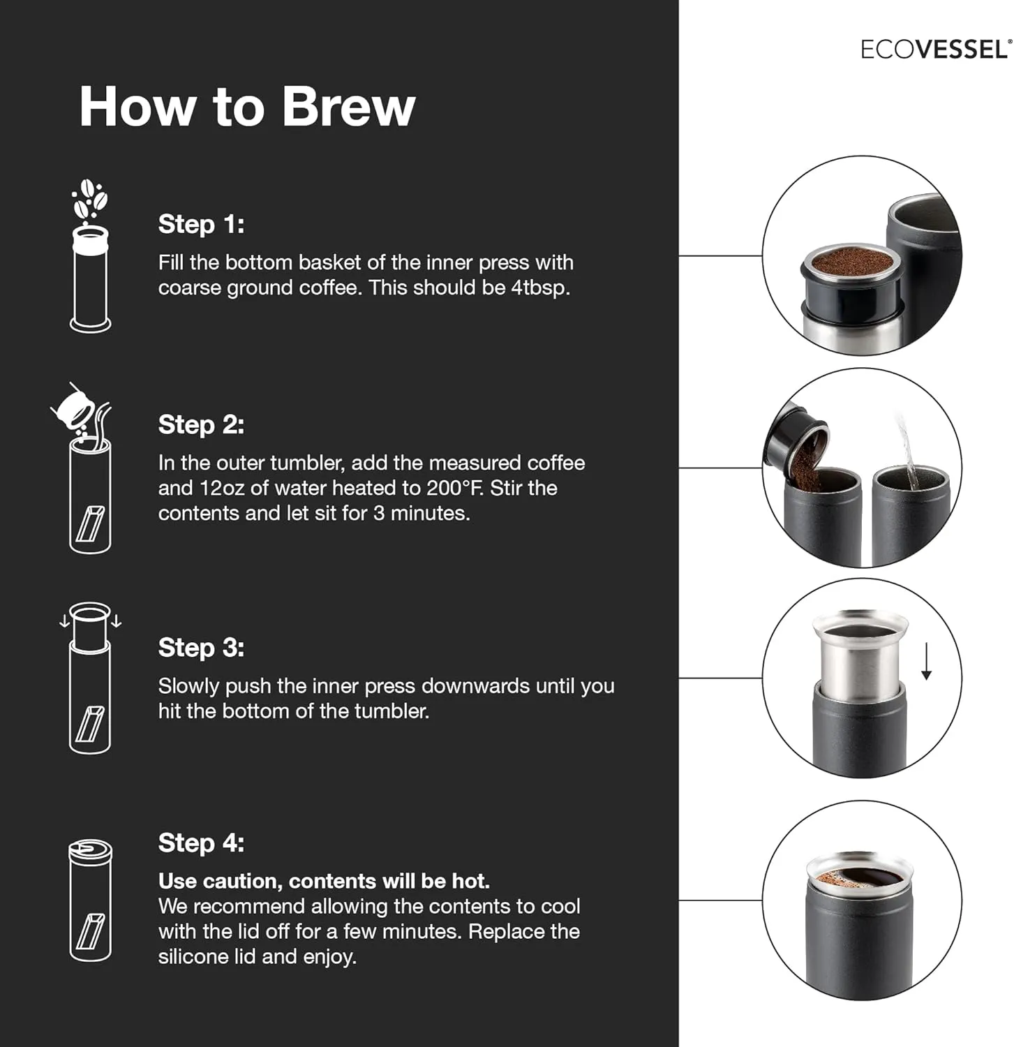 EcoVessel Travel French Press, Portable Coffee Maker, Stainless Steel Insulated Coffee Press, Reusable Single Serve Bottle for On-The-Go Use, 14oz (Stone)