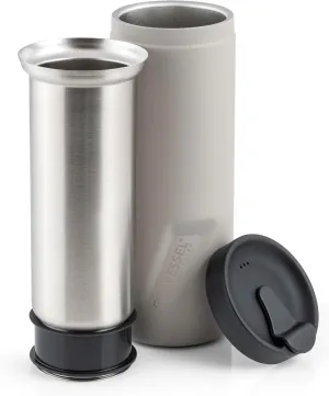 EcoVessel Travel French Press, Portable Coffee Maker, Stainless Steel Insulated Coffee Press, Reusable Single Serve Bottle for On-The-Go Use, 14oz (Stone)