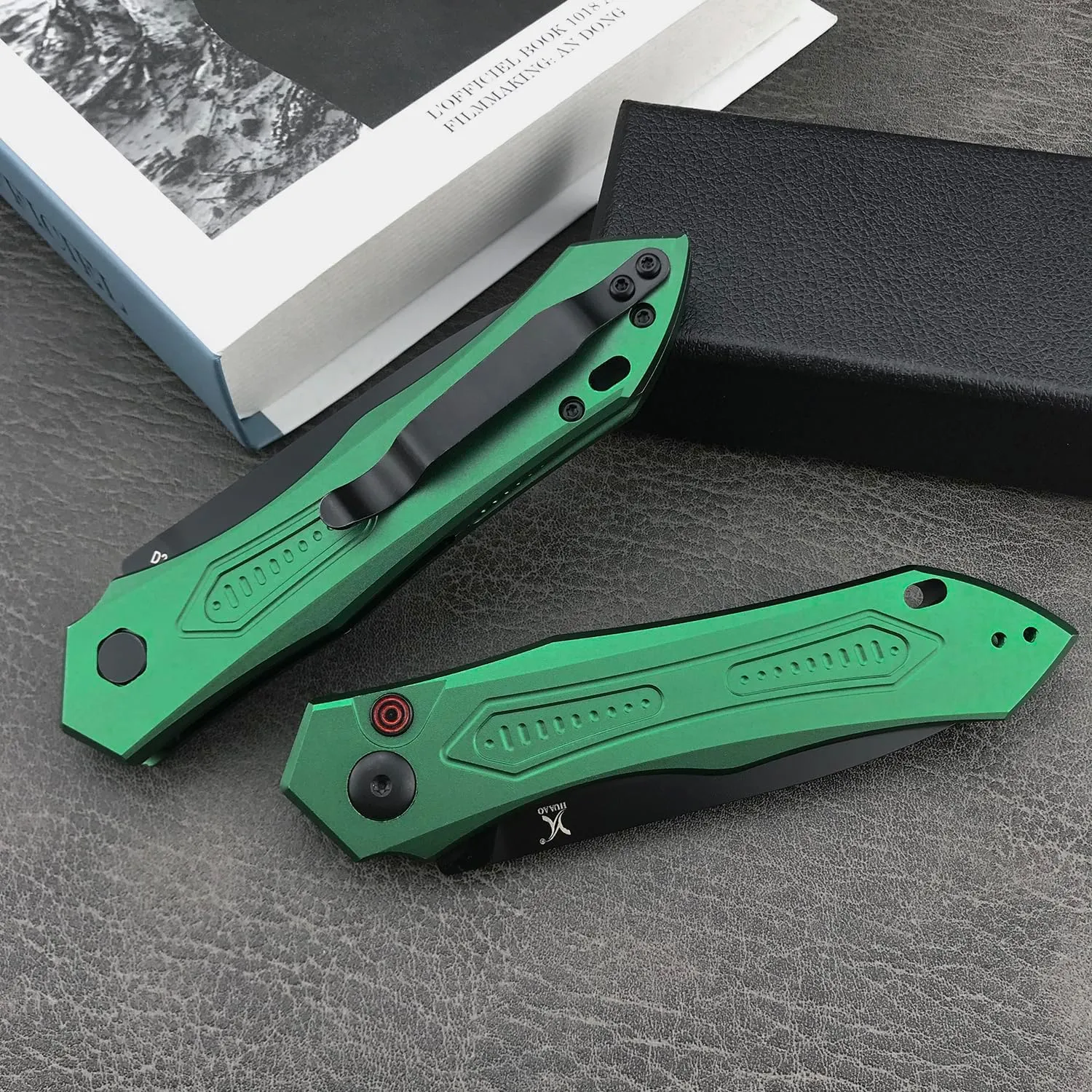 EDC Folding Pocket Knife For Men, Button Lock Knife, 3.35in 9Cr18MoV Steel Blade, Green Aluminum Handle with Pocket Clip, Sharp Camping Hiking Knives (green)