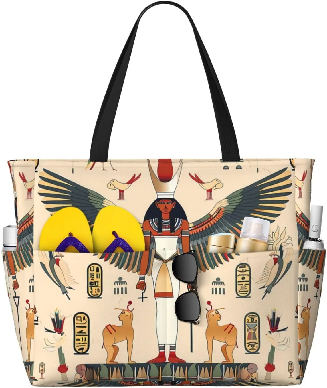 Egyptian Pharaoh Beach Bag Ancient Pool Bag for Women Waterproof Large Travel Tote with Zipper Organizer for Swimming Vacation Essentials