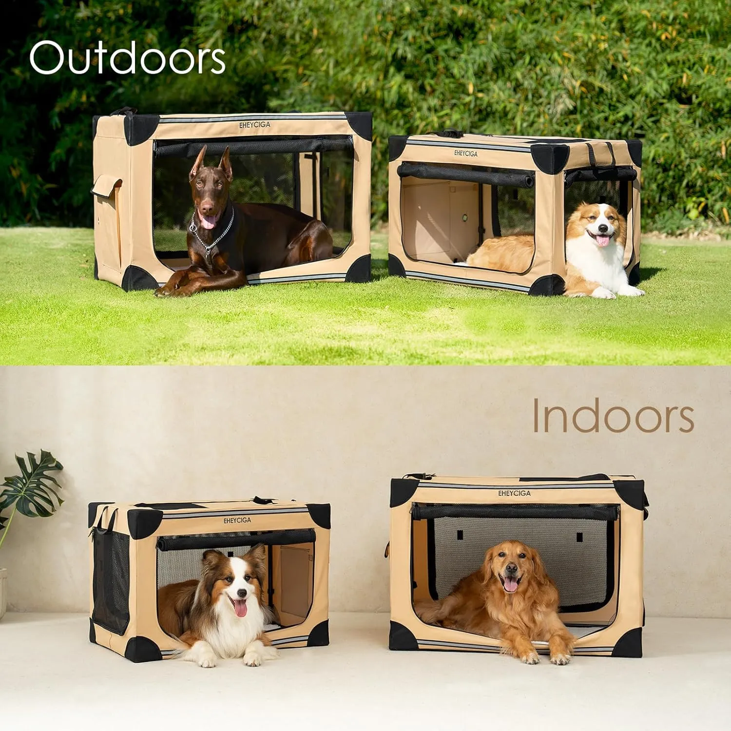 EHEYCIGA Collapsible Dog Crate 36 Inches, Portable Travel Crate for Large Dogs, Soft Foldable Pet Kennel with 4-Door Mesh Windows Indoor & Outdoor, Beige