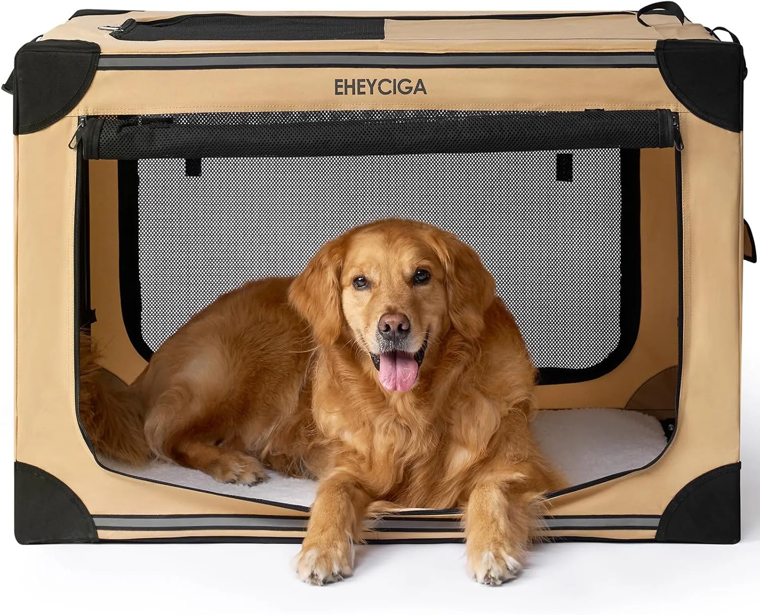 EHEYCIGA Collapsible Dog Crate 36 Inches, Portable Travel Crate for Large Dogs, Soft Foldable Pet Kennel with 4-Door Mesh Windows Indoor & Outdoor, Beige