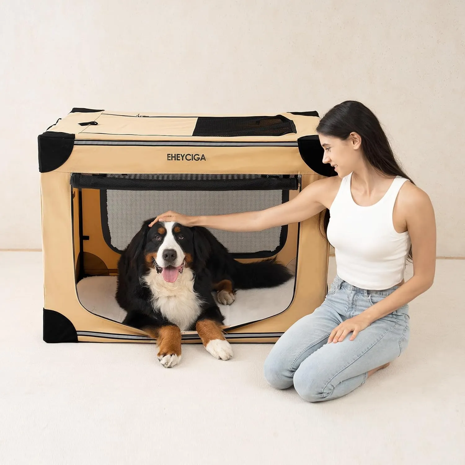 EHEYCIGA Collapsible Dog Crate 36 Inches, Portable Travel Crate for Large Dogs, Soft Foldable Pet Kennel with 4-Door Mesh Windows Indoor & Outdoor, Beige