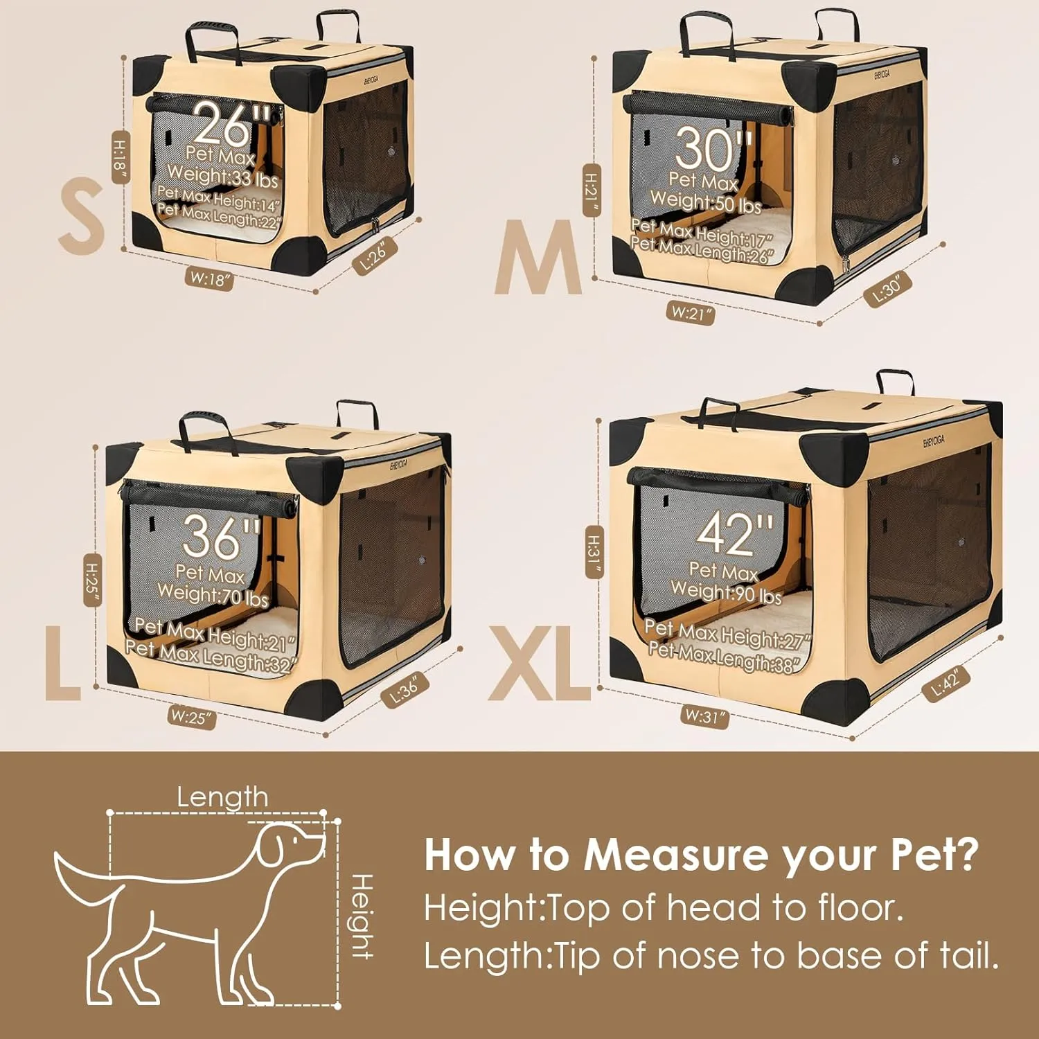 EHEYCIGA Collapsible Dog Crate 36 Inches, Portable Travel Crate for Large Dogs, Soft Foldable Pet Kennel with 4-Door Mesh Windows Indoor & Outdoor, Beige