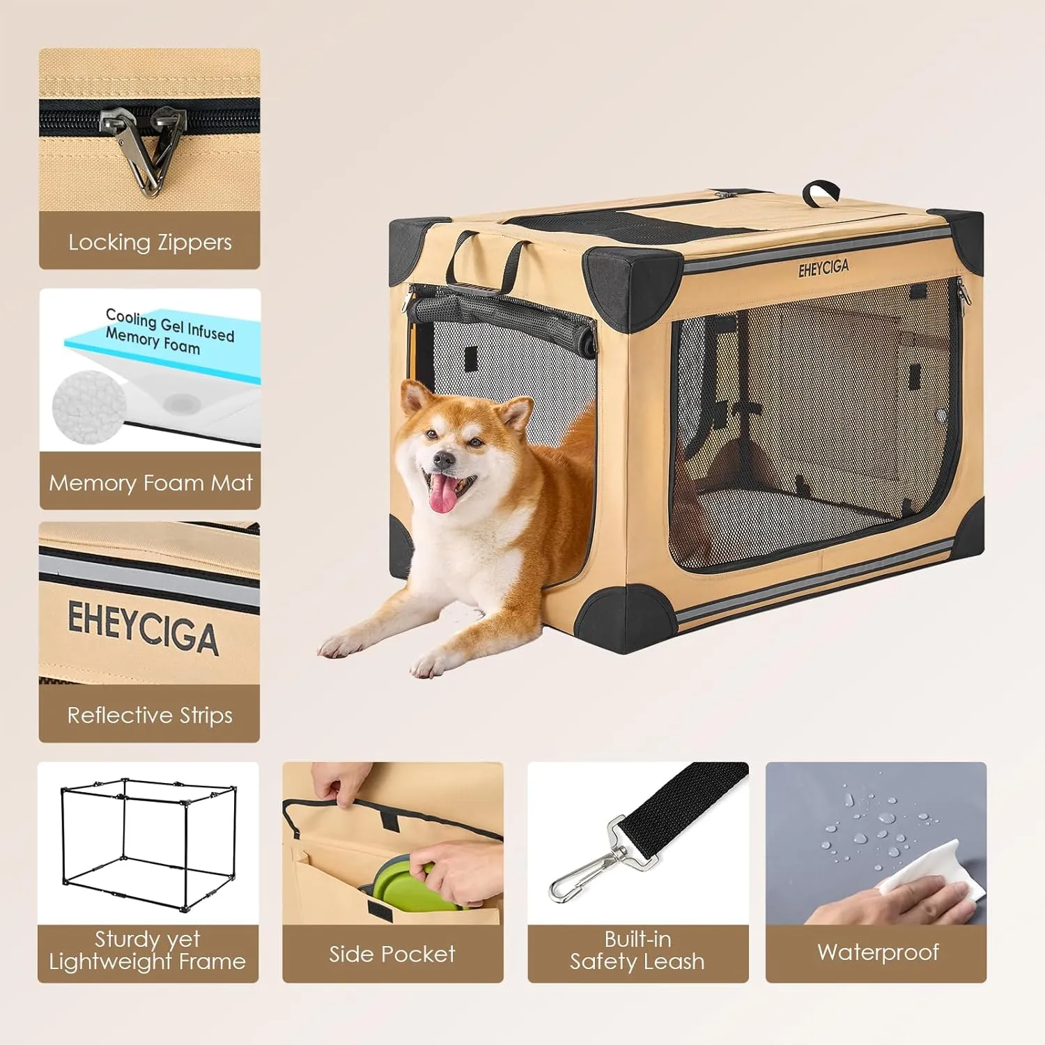 EHEYCIGA Collapsible Dog Crate 36 Inches, Portable Travel Crate for Large Dogs, Soft Foldable Pet Kennel with 4-Door Mesh Windows Indoor & Outdoor, Beige