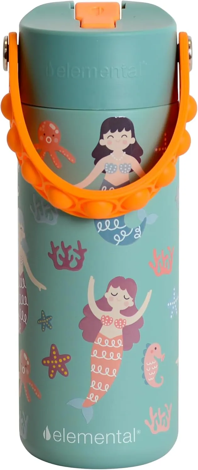 Elemental Insulated Kids Water Bottle, Stainless Steel Water Bottle with Straw Lid & Pop-It Handle, Leak-Proof Water Bottles for School, Boys or Girls, Travelling and Sports, 18oz - Mermaid Sisters