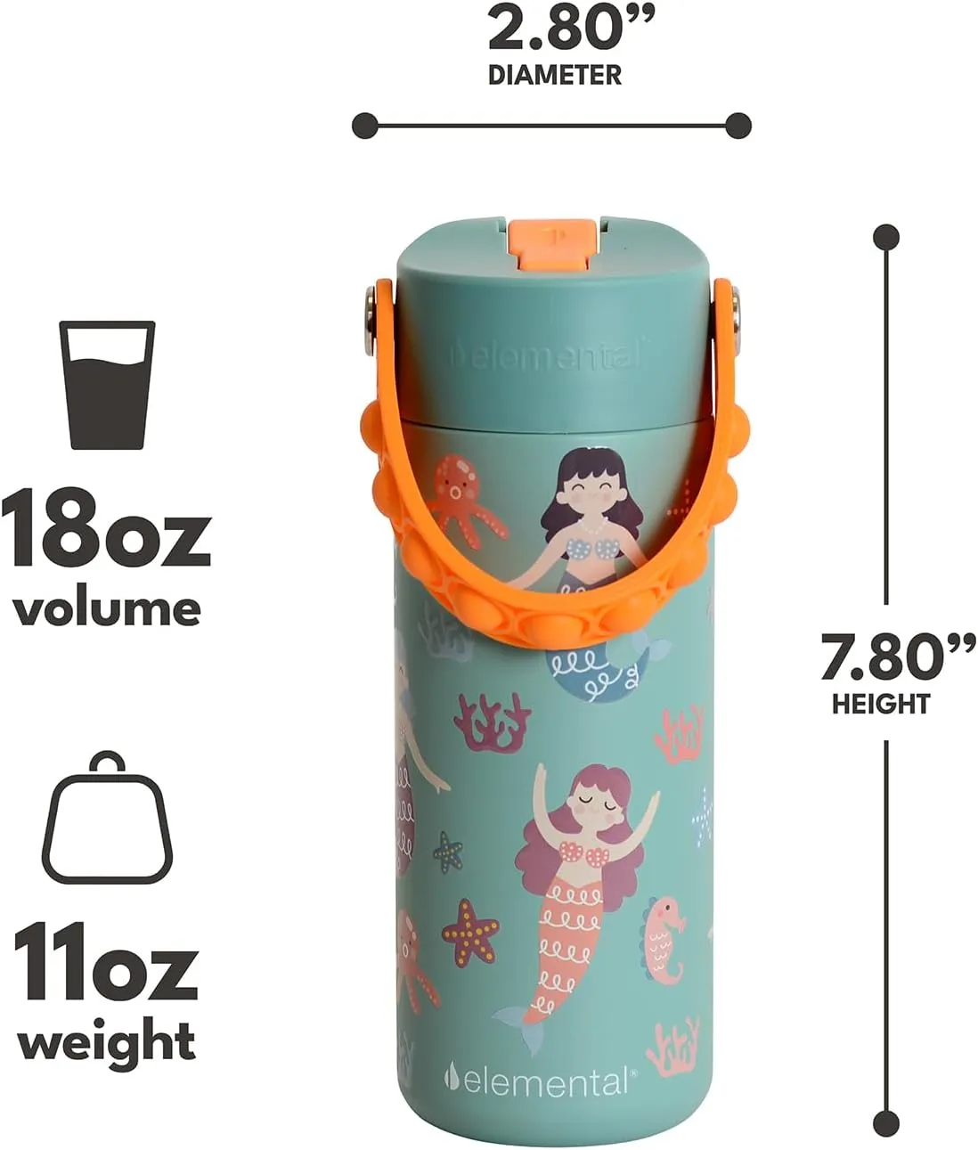 Elemental Insulated Kids Water Bottle, Stainless Steel Water Bottle with Straw Lid & Pop-It Handle, Leak-Proof Water Bottles for School, Boys or Girls, Travelling and Sports, 18oz - Mermaid Sisters